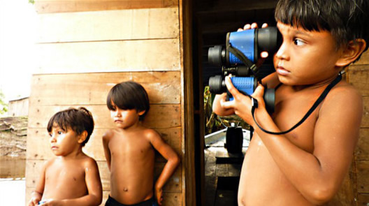 children playing with binoculars