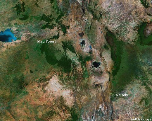 google map of kenya showing mau forest location