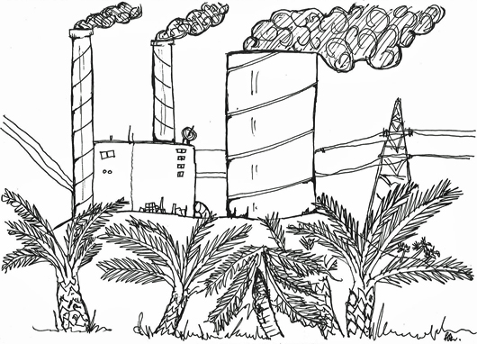 cartoon of power station and palm trees by chris bisson