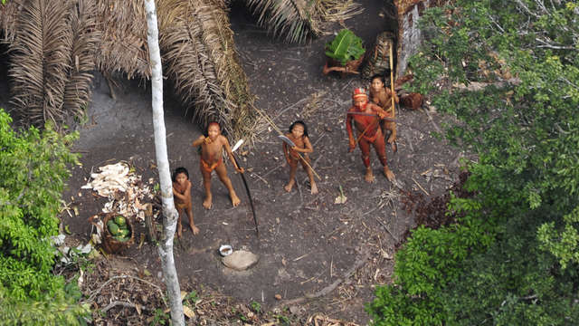 photograph of native people in village in brazil from the air